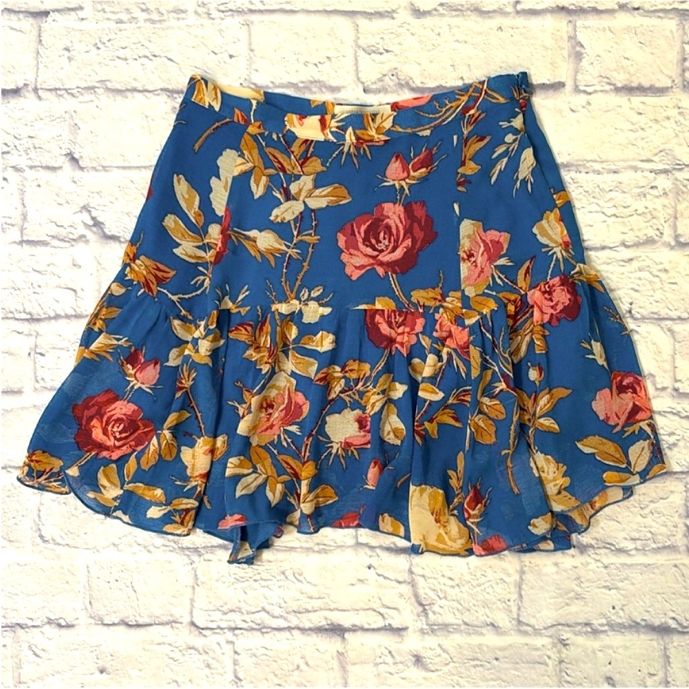 Urban Outfitters Mini Skirt Blue Floral Asymmetrical Hem Cottage Size Small
